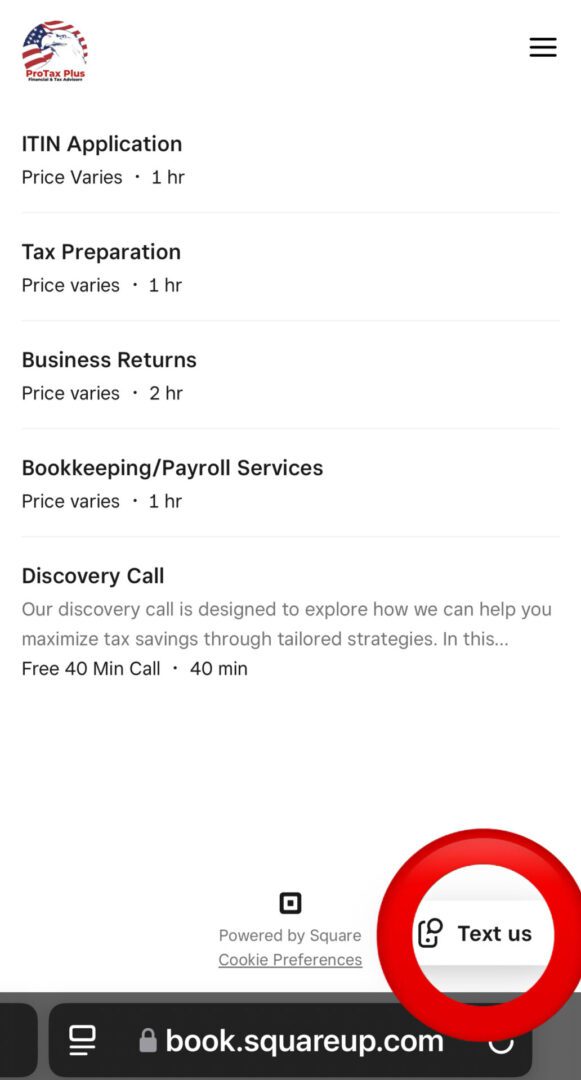 Tax services and discovery call information